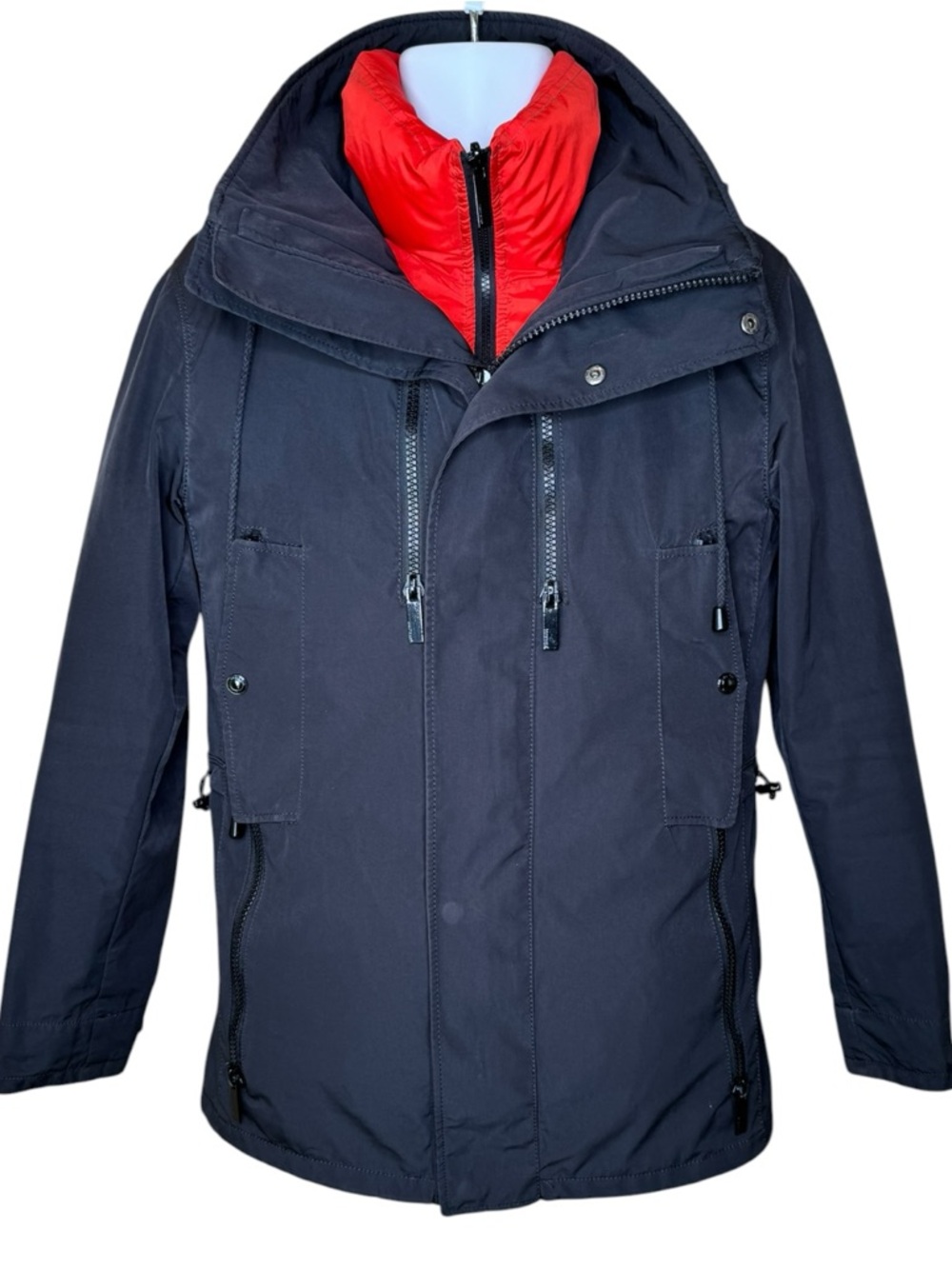 Zara Men’s 2-in-1 Hooded Down Parka Jacket S Insulated Zip Black Red